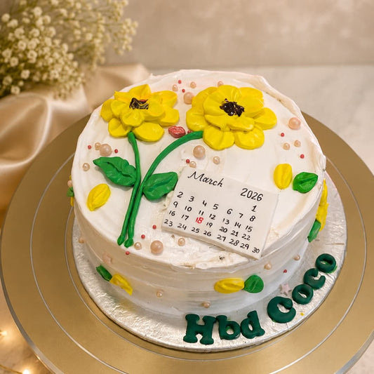 🌼 Elegant Sunshine Bloom Floral Birthday Cake with Personalized Calendar Design 🎂💛